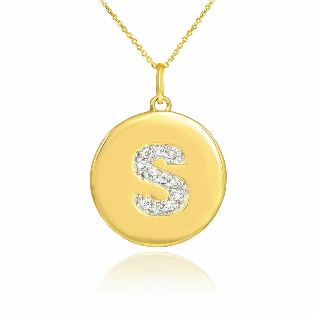 Solid 10k Yellow Gold Letter "S" Initial Diamond Disc Charm Pendant Necklace