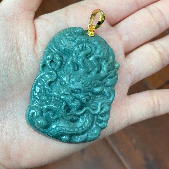 14K Solid Real Yellow Gold Carved Dragon Natural Jade Pendant Green Men Carving