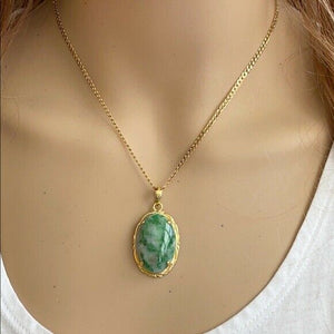 14K Solid Fine Real Yellow Gold Oval Green Natural Jadeite Jade Pendant