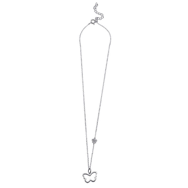 925 Sterling Silver Rhodium Plated Open Butterfly with Flower CZ Necklace