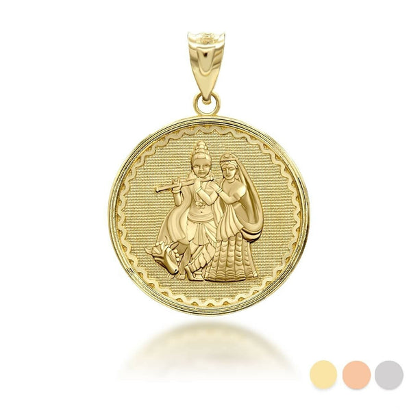 10K Solid Gold Radha Krishna Hindu Pendant Necklace - Yellow, Rose, or White