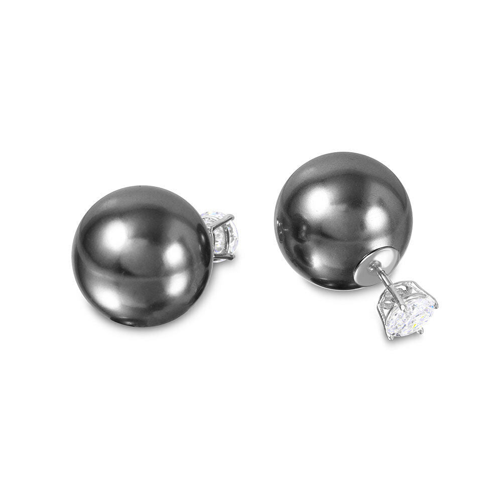 Sterling Silver 925 Rhodium Plated CZ Stud Grey Synthetic Pearls -2 ways to wear