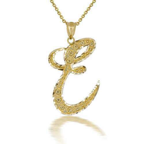 10k Solid Yellow Gold Cursive Initial Letter E Pendant Necklace