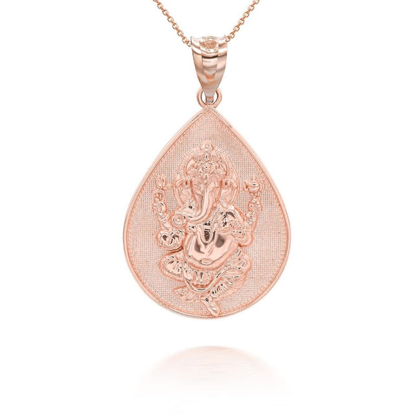14K Solid Gold Hindu Lord Ganesha Pendant Necklace - Yellow, Rose, or White Gold