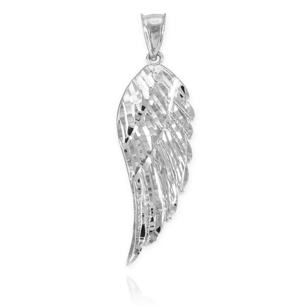 14k Solid White Gold Large Angel Wing Pendant Necklace