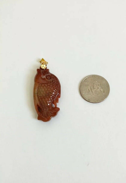 18K Yellow Gold Natural Red Jade Fish Pendant - Double Faced Jade Pendant ES4