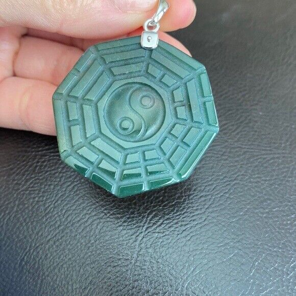 925 Sterling Silver Carving Agate Yin Yang Pendant Necklace