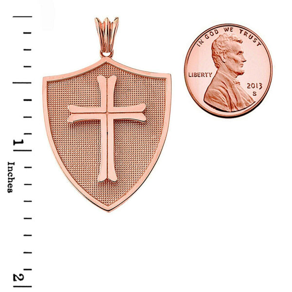 10k or 14k Solid Gold Crusader Shield Cross Pendant Charm Necklace