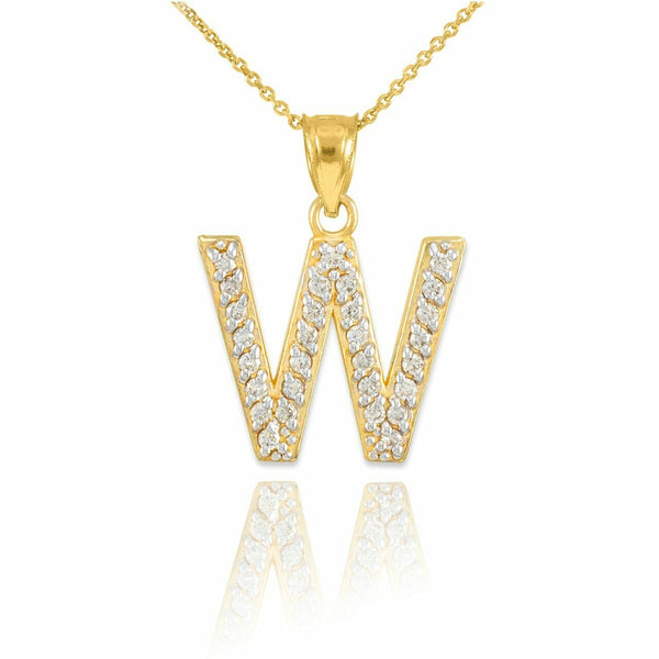 10k Solid Yellow Gold Diamond Monogram Initial Letter W Pendant Necklace