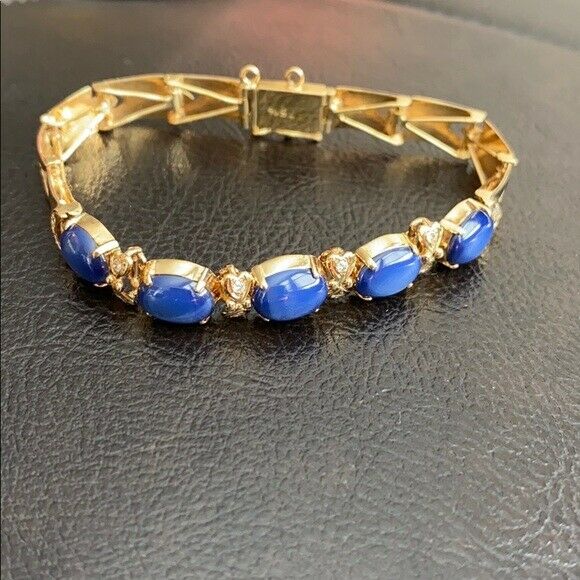 14K Solid Real Yellow Gold Oval Blue Star Bracelet 6.5 inches