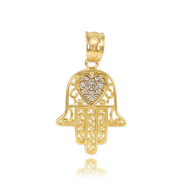14k Solid Yellow Gold Diamond Filigree Hamsa Pendant Necklace 16" 18" 20" 22"