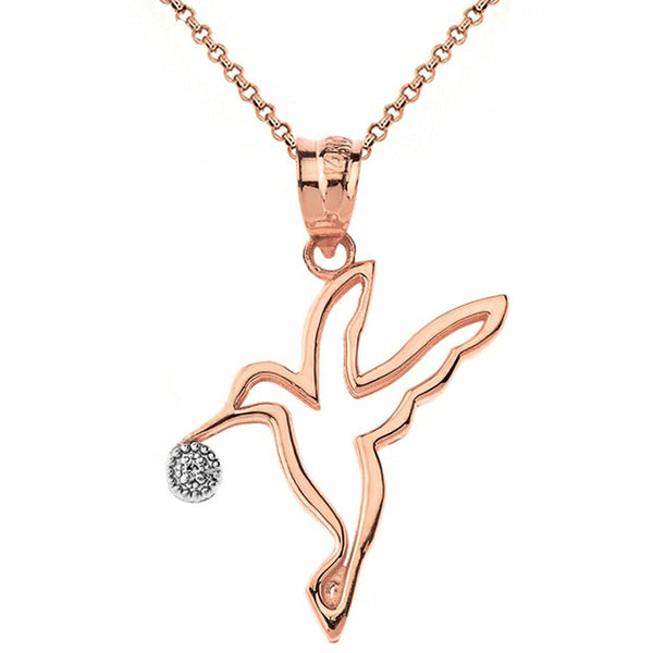 10k 14k Solid Gold Diamond Hummingbi Outline Love Luck Hope Pendant Necklace