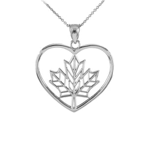 925 Sterling Silver Maple Leaf Open Heart Shape Pendant Necklace