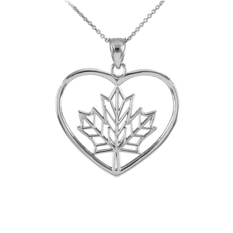 925 Sterling Silver Maple Leaf Open Heart Shape Pendant Necklace