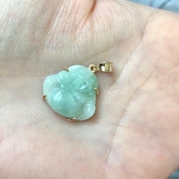 Small 18K Solid Gold Happy Laughing Buddha Natural Green Real Jade Pendant -602