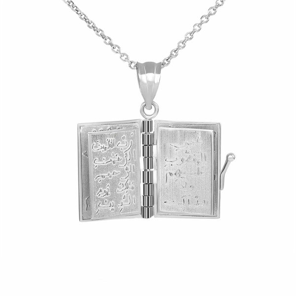 Sterling Silver 3D Moveable Koran Quran Book Text of Islam God Pendant Necklace