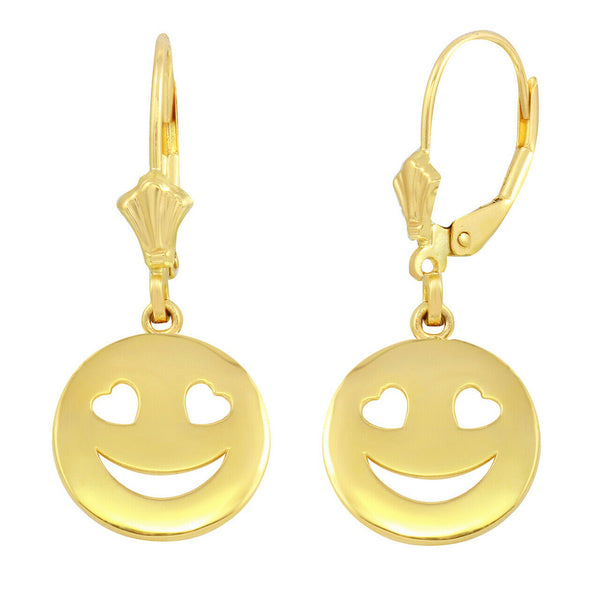 10k Solid Gold Heart Eyes Smiley Face Earrings (Yellow, Rose, or White Gold)