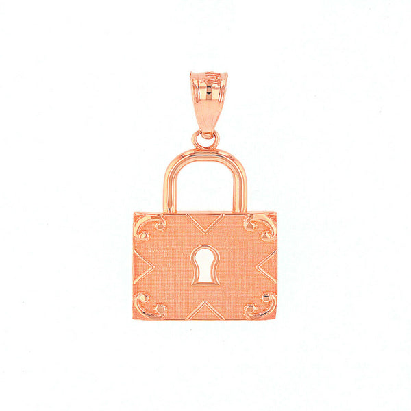 14K Solid Gold Swirl Rectangle Keyhole Padlock Pendant Necklace