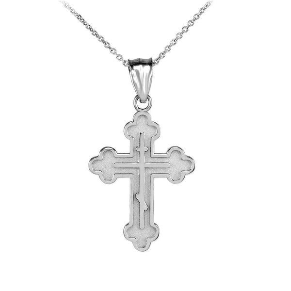 14k Solid White Gold Eastern Orthodox Christian Cross Charm Pendant Necklace