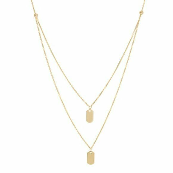 14K Solid Yellow Gold Double Duo Mini Dog Tag Layer Necklace 17" adjust