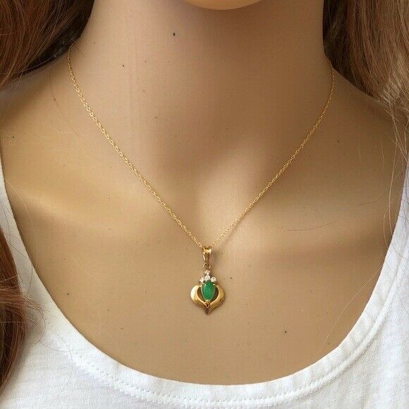 14K Solid Gold Teardrop Jade Pendant / Charm Dainty Necklace - Minimalist