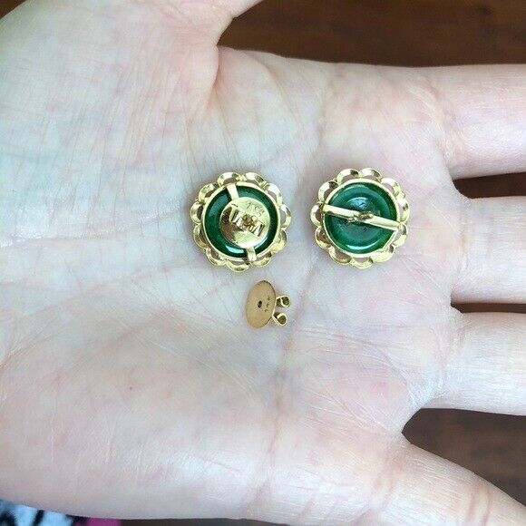 14K Solid Yellow Gold Round Green Jade Stud Earrings - E111