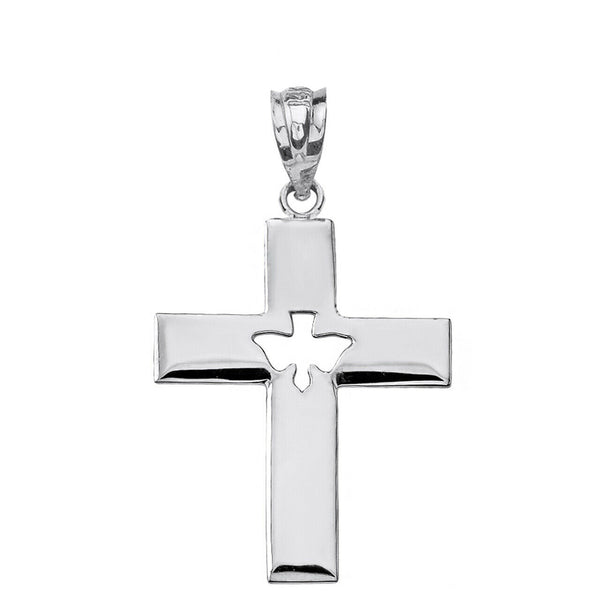 Sterling Silver Religious Cross With Cut-Out Holy Spirit Dove Pendant Necklace