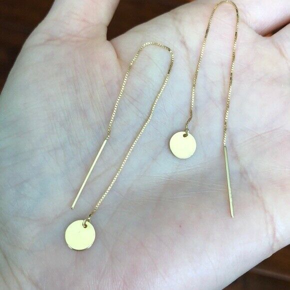 14K Solid Rose Gold Disc Disk Thin Box Chain Threader Earrings