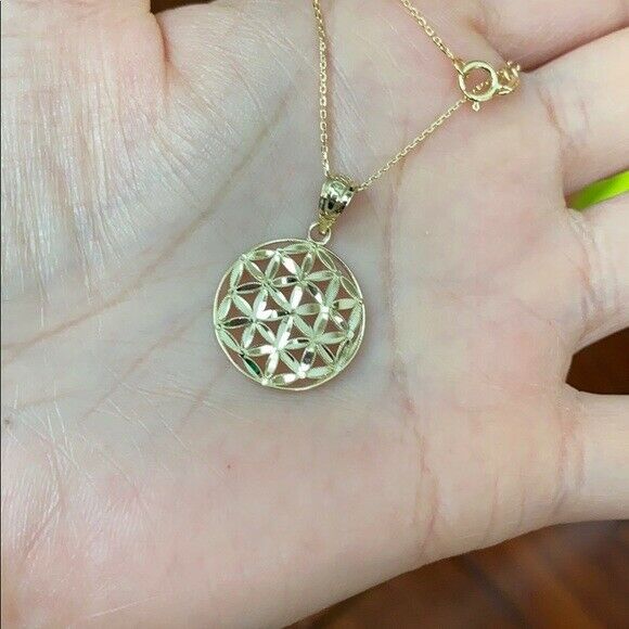 14K Solid Yellow Gold Flower of Life Sacred Geometry Pendant Necklace