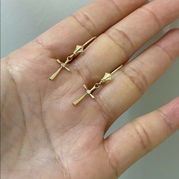 14K Solid Yellow Gold Solitaire Diamond Cross Leverback Earrings