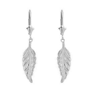 Solid 14k or 10k White Gold Bohemia Boho Feather Leverback Drop Earrings Set