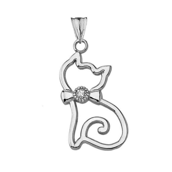 Solid 14k White Gold Openwork Diamond Cat Pendant Necklace