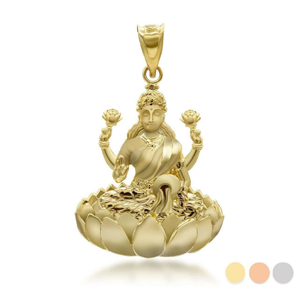 10K Solid Gold Lakshmi God Hindu Pendant Necklace - Yellow, Rose, or White