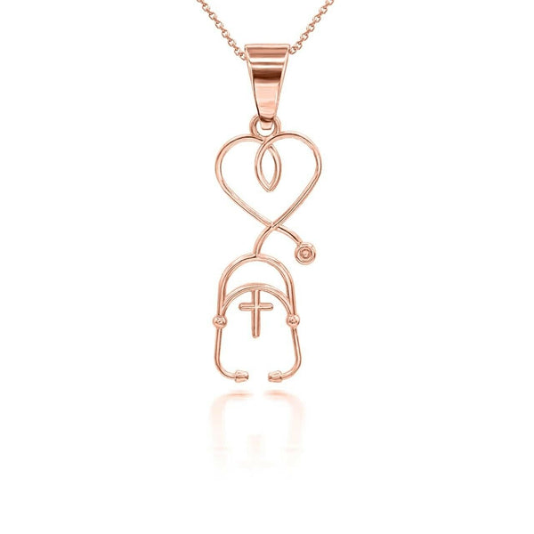 10K Solid Gold Stethoscope Cross Pendant Necklace  - Yellow, Rose, White