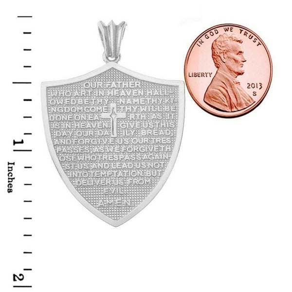 14k Solid White Gold The Lord’s Prayer Shield Medallion Pendant Necklace