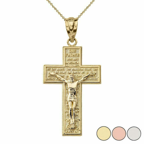 14k Yellow Gold The Lords Our Father Prayer Crucifix Cross Pendant Necklace