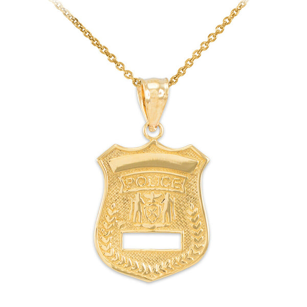 14k Solid Gold Police Cop Law Badge Pendant Necklace