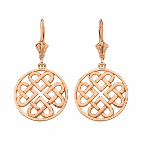 14k Real Rose Gold Woven Celtic Hearts Circle Drop Earrings Set - Small