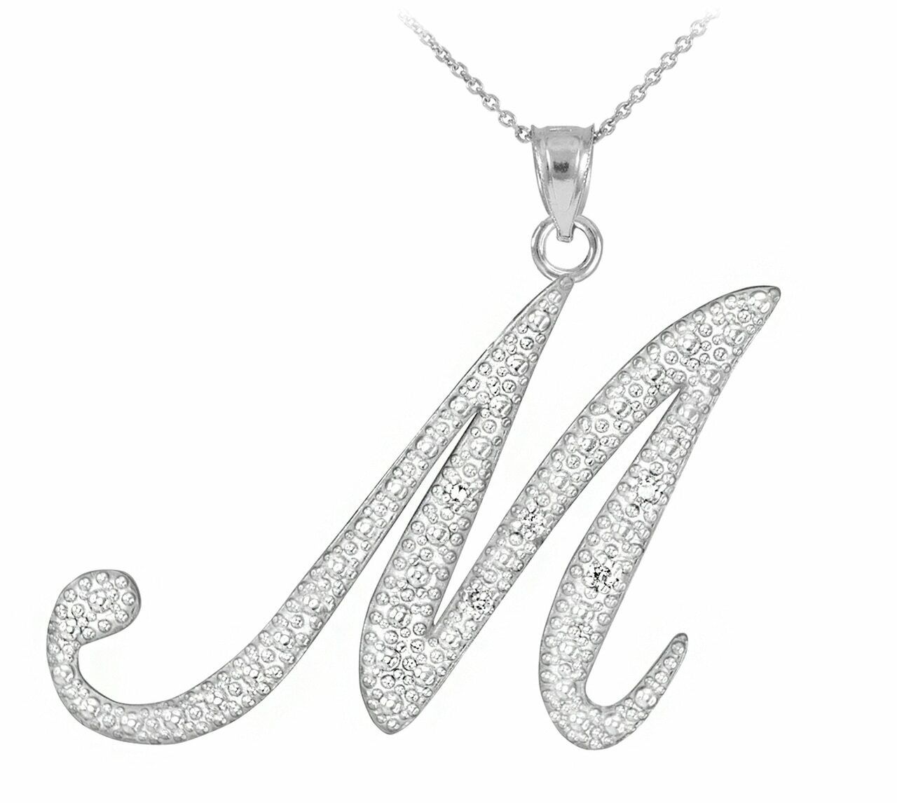 Personalized 925 Sterling Silver CZ Initial Script Letter M Pendant Necklace