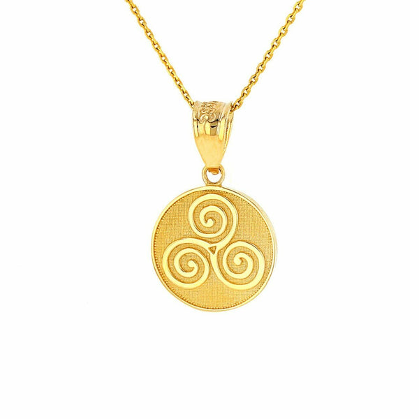 14k Solid Gold Celtic Triple Spiral Triskele Irish Medallion Pendant Necklace