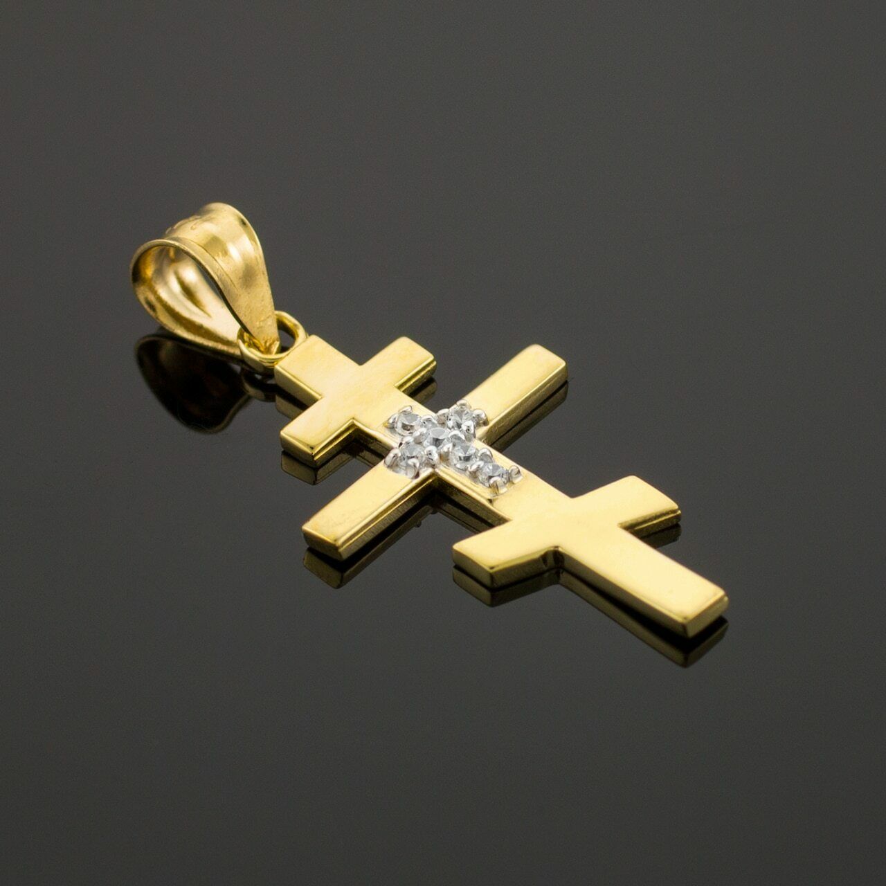 10k Real Yellow Gold Diamond Studded Russian Orthodox Cross Pendant Necklace