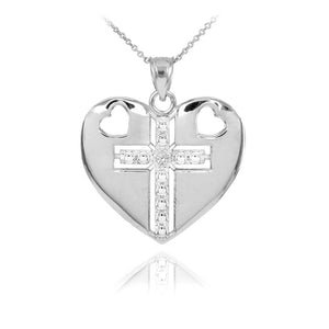 Solid 14k White Gold Heart Cross Diamond Pendant Necklace