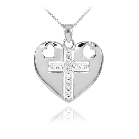 Solid 14k White Gold Heart Cross Diamond Pendant Necklace