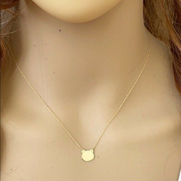 14K Solid Real Yellow Gold Mini Small Cat's Head Necklace Adjustable 16"-18"