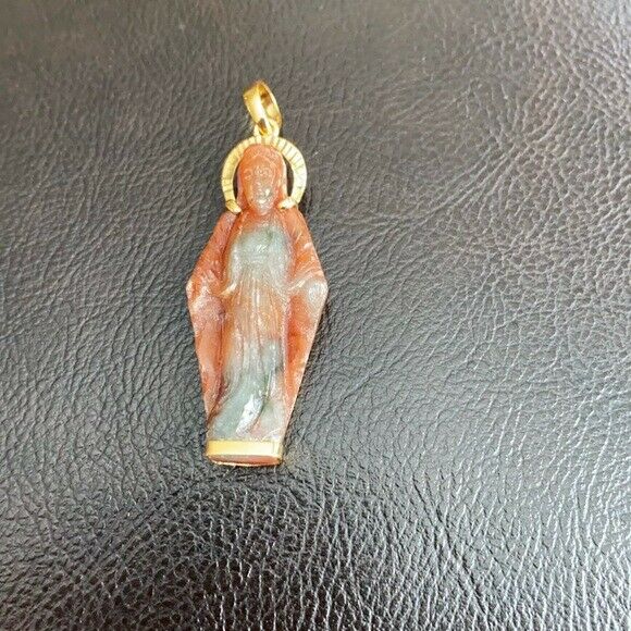 14K Solid Gold The Blessed Virgin Mary Carved Natural Red Jade Pendant