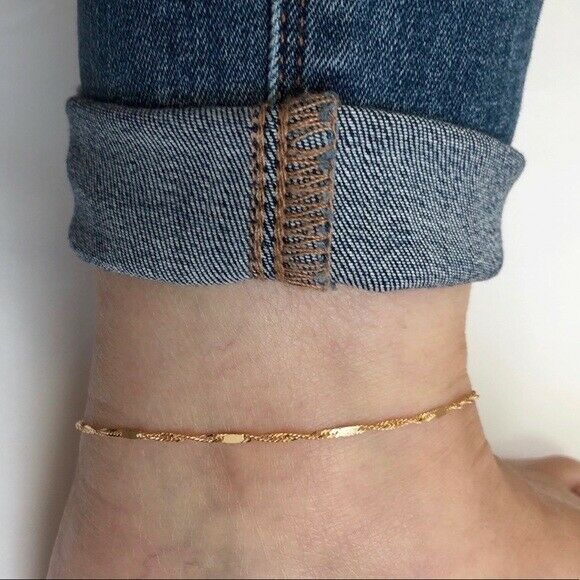 14K Solid Gold Flattened Link Singapore Chain Anklet - Yellow 9"-10" Adjustable