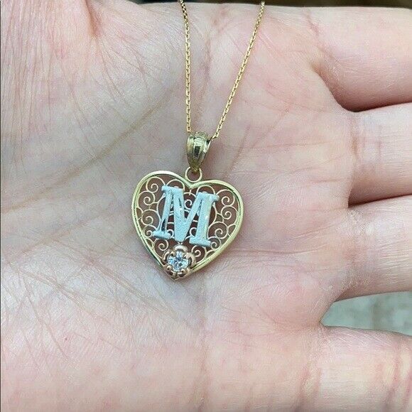 10k Solid Gold Initial Letter M Heart Filigree CZ Pendant Necklace