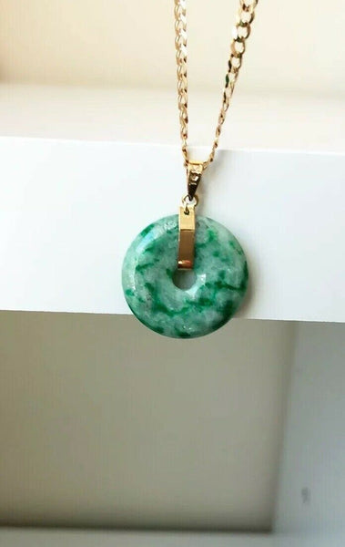 18K Solid Yellow Gold Green Donut Round Natural Jade Pendant - ES5