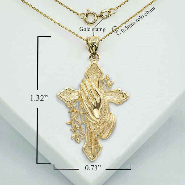 10K Solid Gold Cross with Praying Hands Pendant Necklace - Yellow, Rose, White