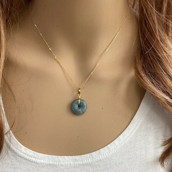 14K Solid Yellow Gold Small Round Donut Jade Pendant Necklace